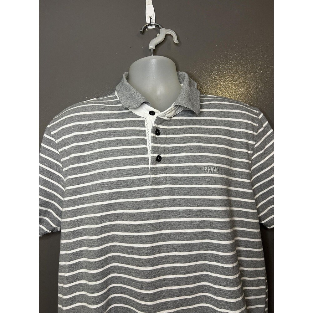 BMW Polo Shirt Mens 2XL Gray White Stripe Cotton Knit BMW Logo Casual Golf